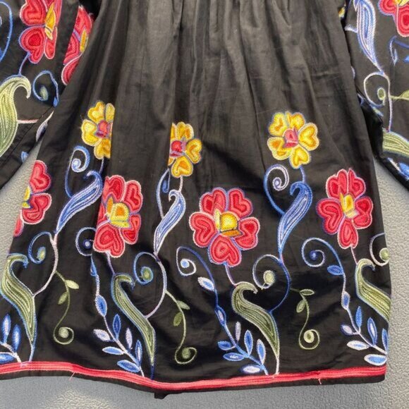 FERATILLI Black Floral Embroidered Off Shoulder Peasant Tunic Cotton Blouse Sz S - Picture 11 of 11